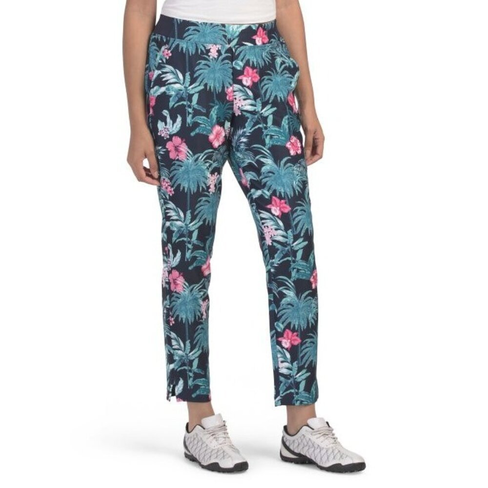 Tommy Bahama Womens Blue Floral Pockets Woven Pull On Ankle Pants Sz L New